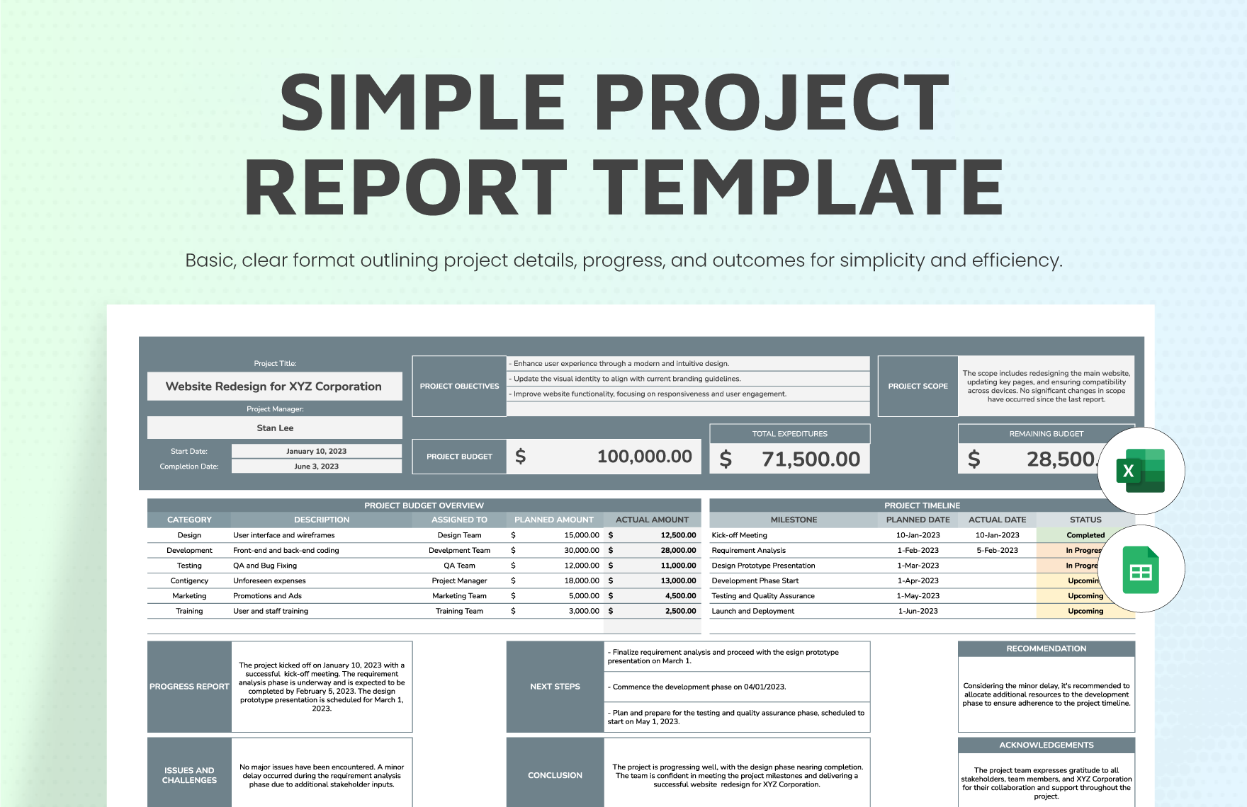 Simple Project Report Template in Excel, Google Sheets