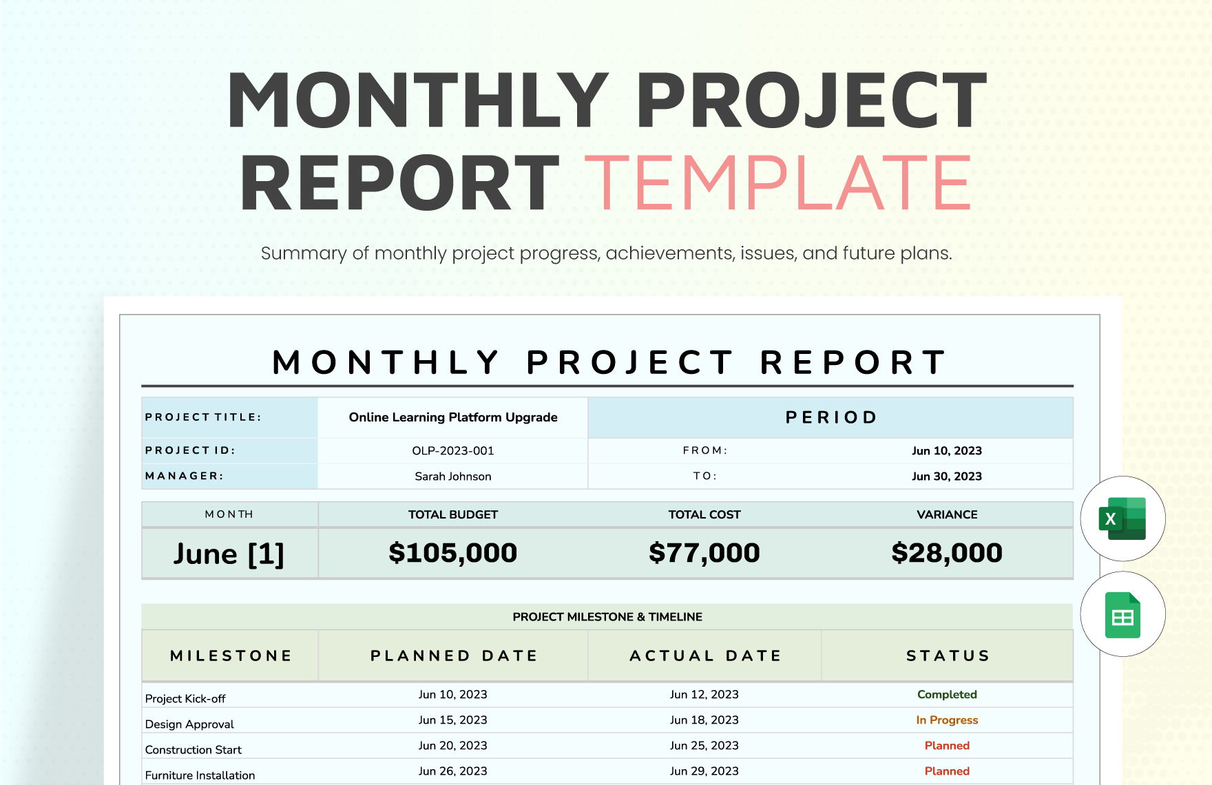 Monthly Project Report Template in Google Sheets, Excel - Download | Template.net