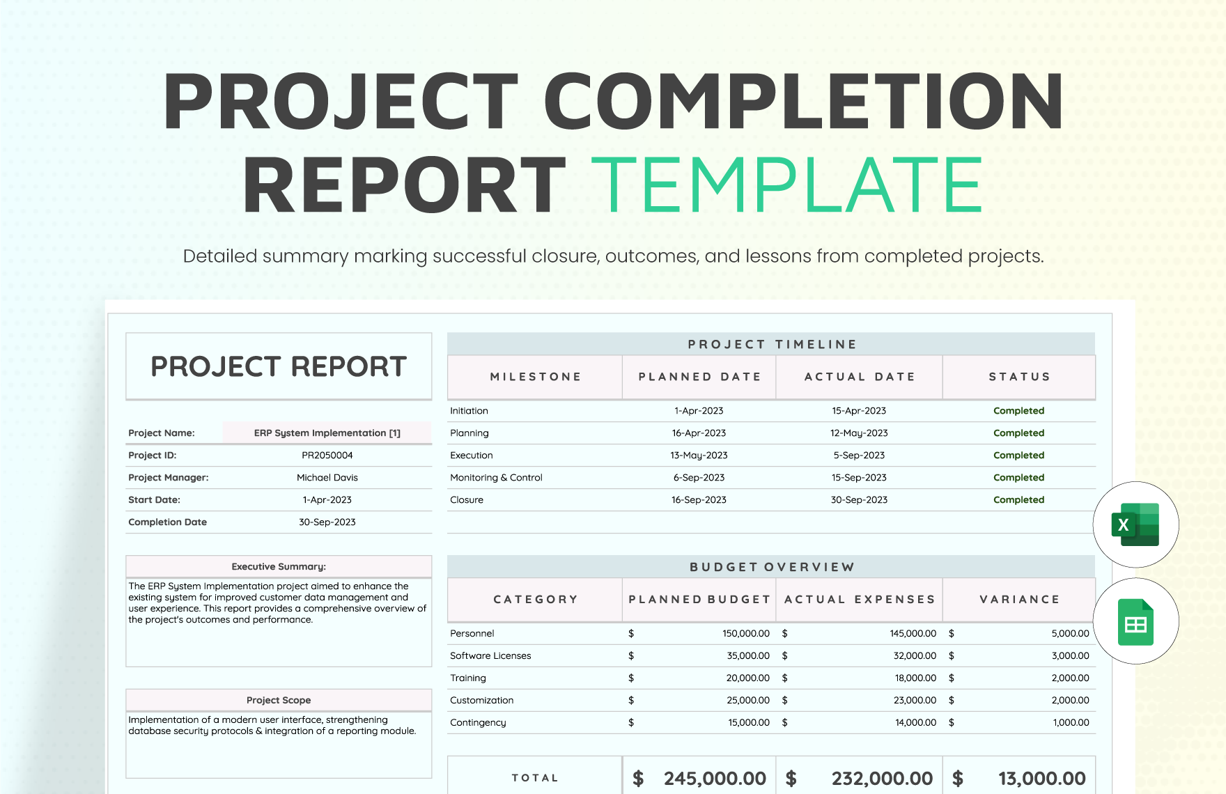 Project Completion Report Template in Excel Google Sheets Download