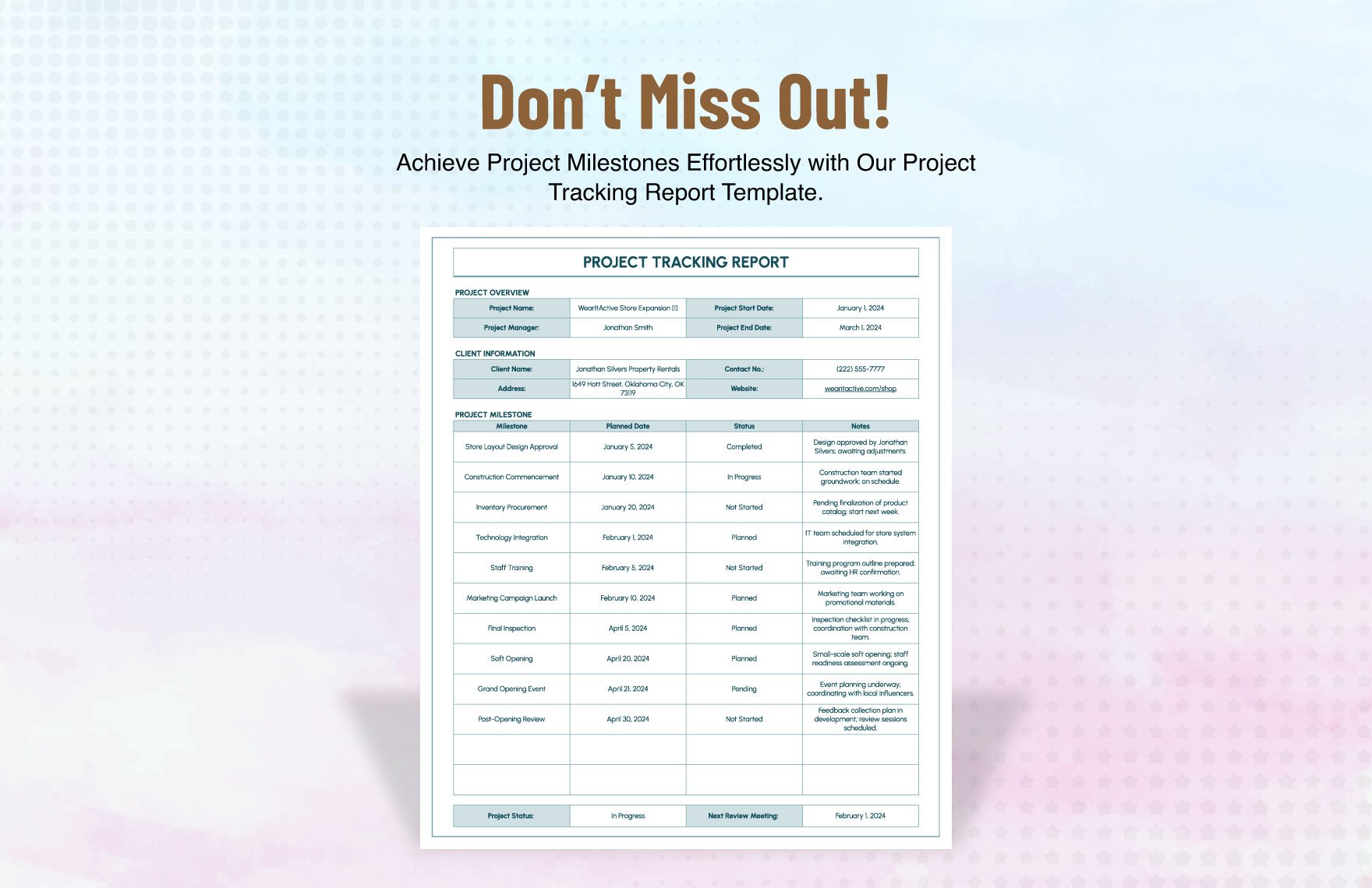 Project Tracking Report Template