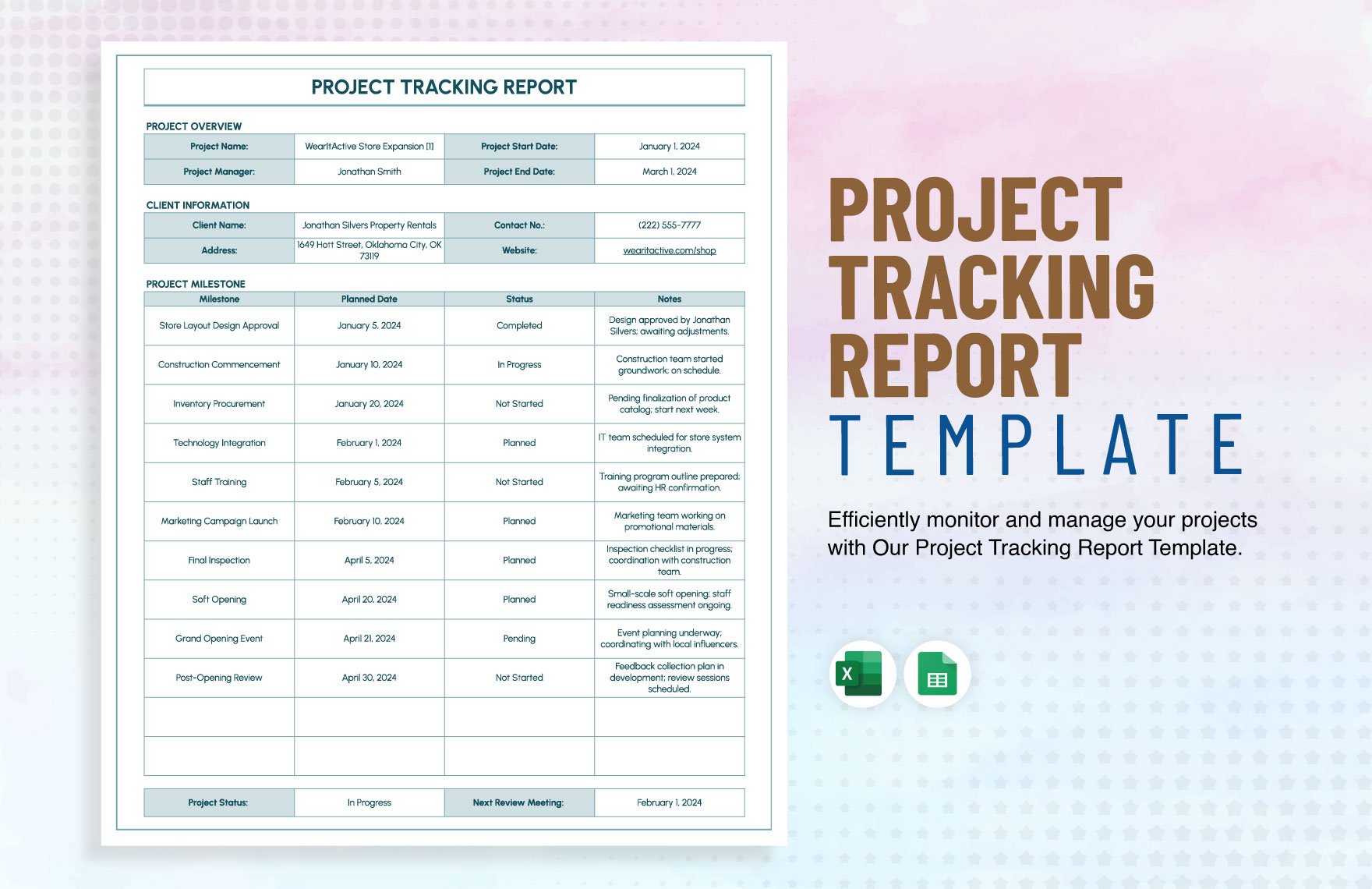 Project Tracking Report Template in Excel, Google Sheets