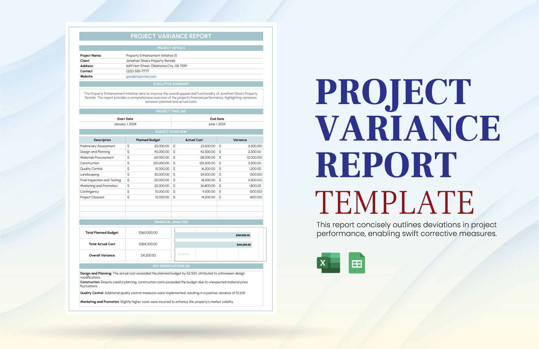 Project Variance Report Template in Excel, Google Sheets