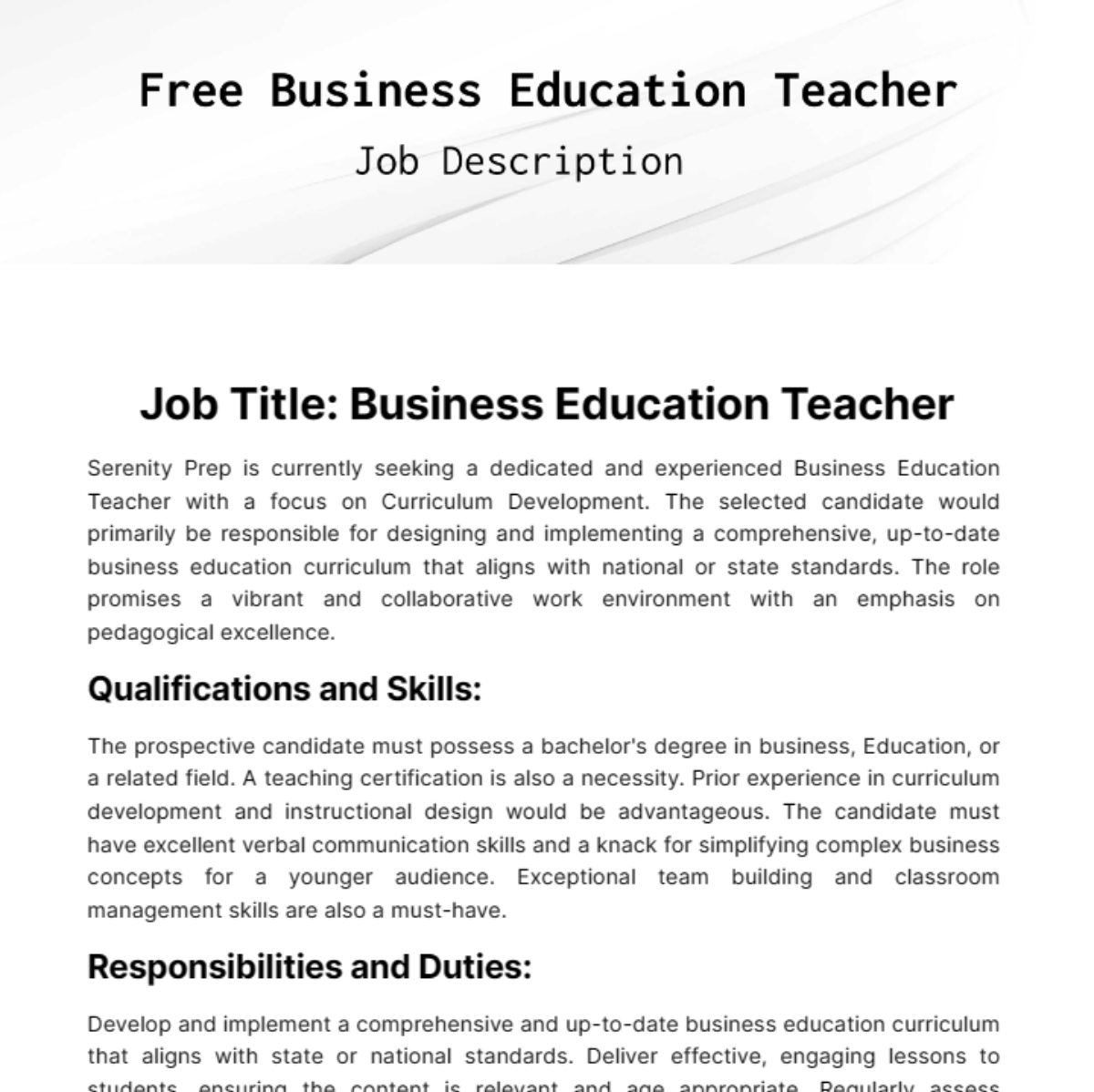 Free Business Education Teacher Job Description Template