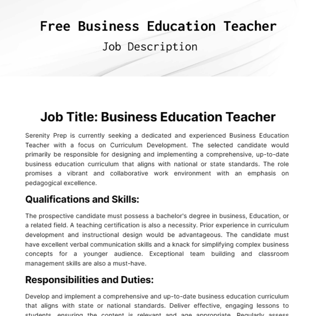 Business Education Teacher Job Description Template - Edit Online & Download