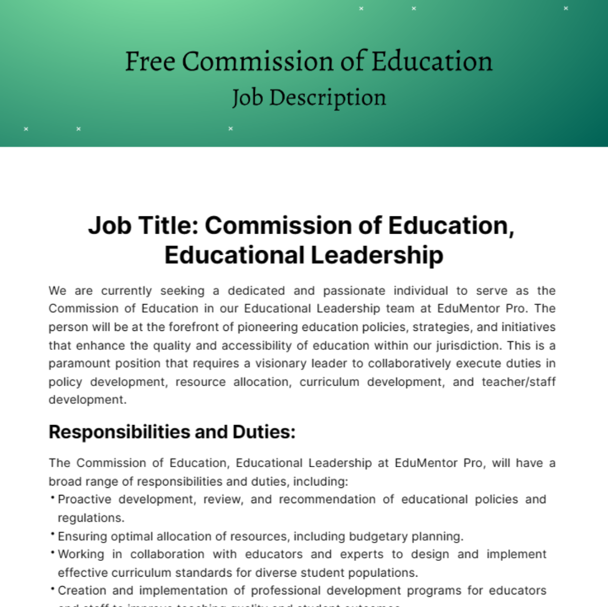 Commissioner of Education Job Description Template