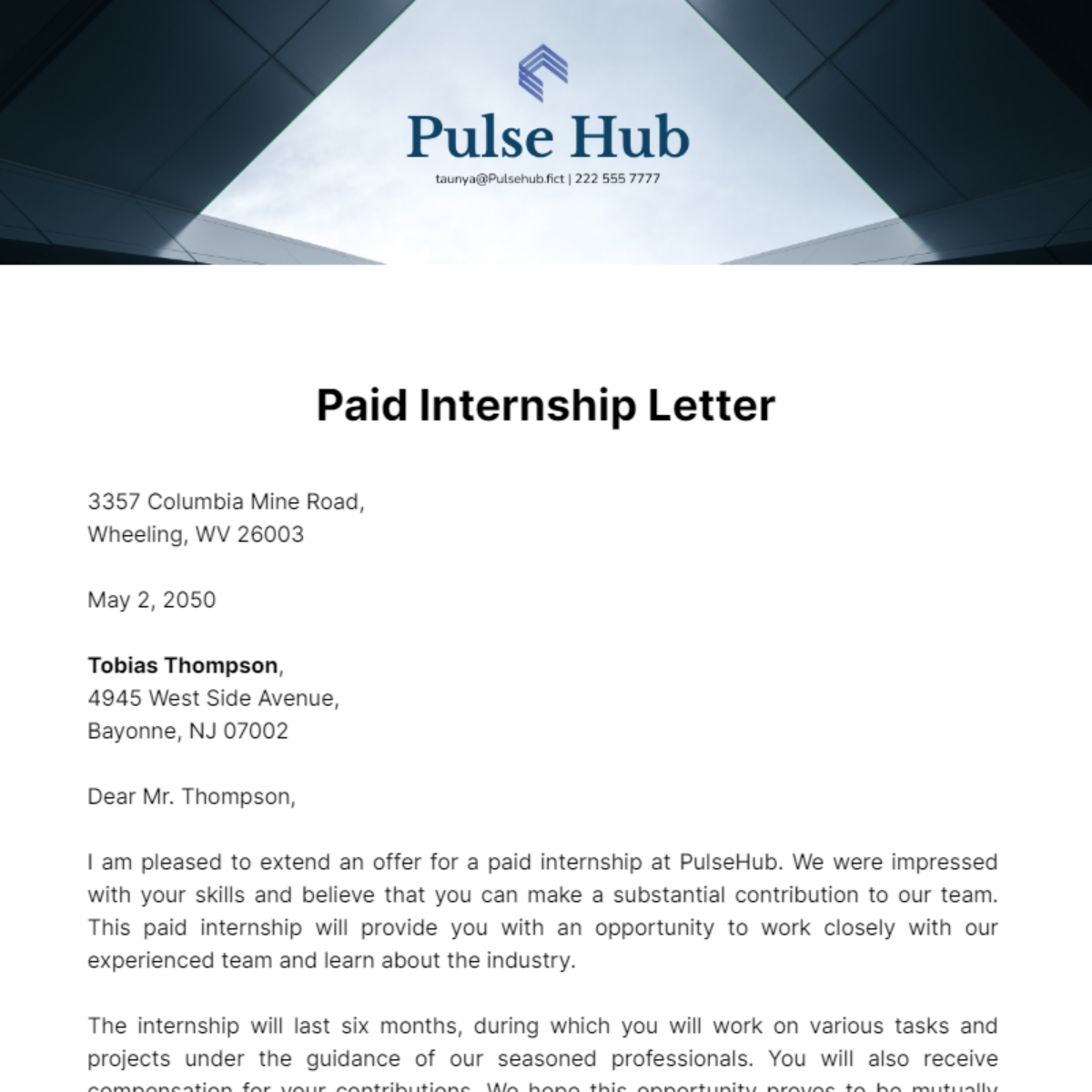 Paid Internship Offer Letter Template