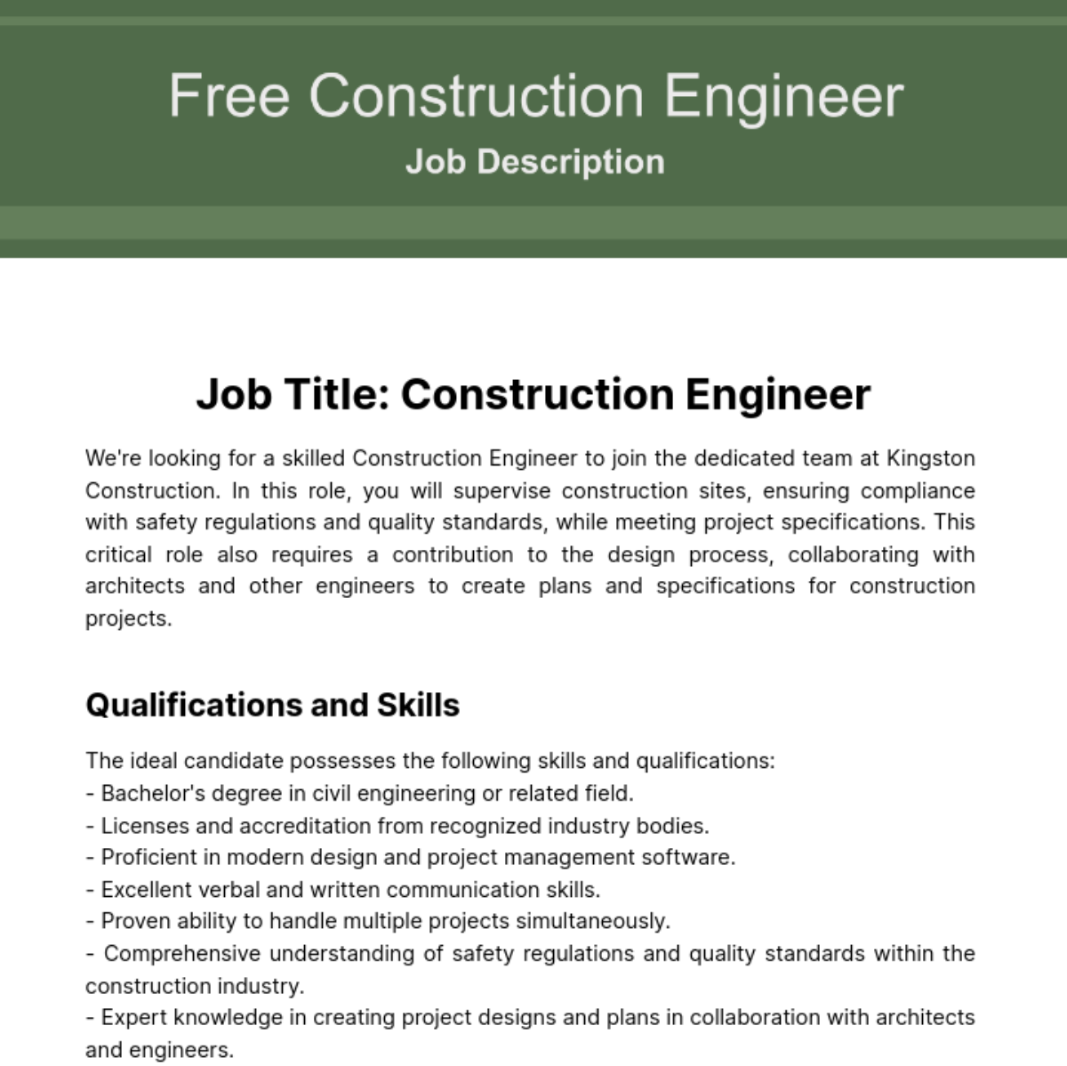 Construction Engineer Job Description Template
