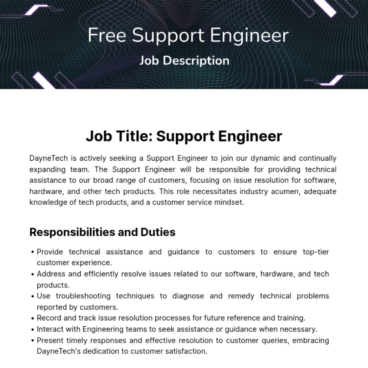 Free Support Engineer Job Description Template