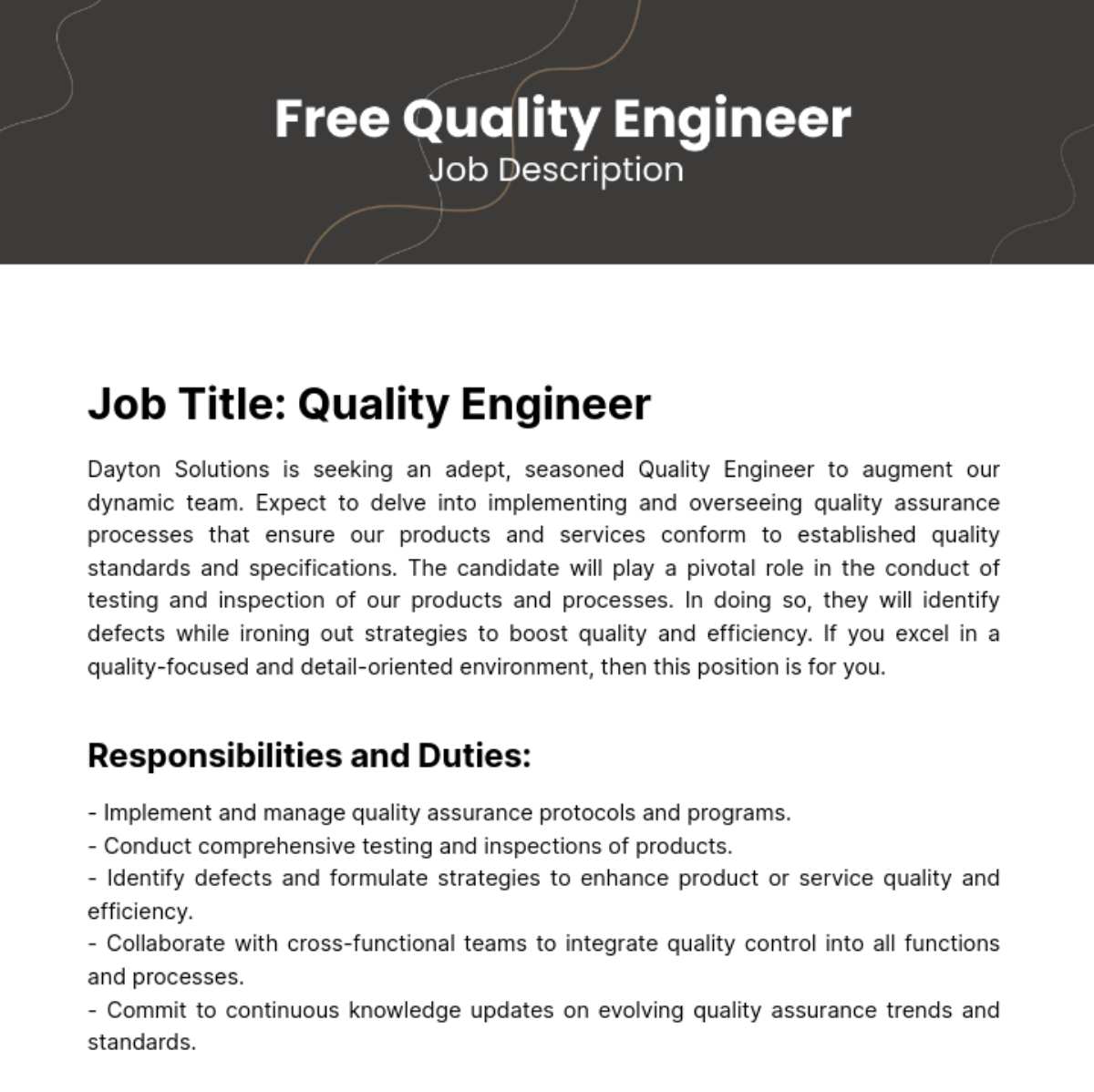 Quality Engineer Job Description Template