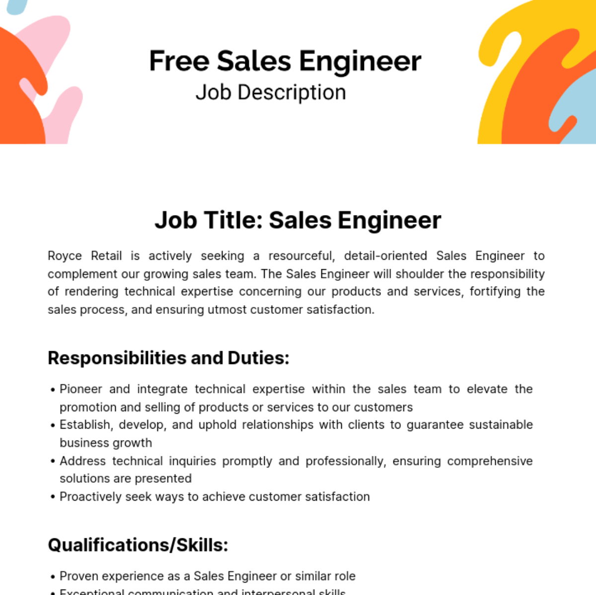 Free Sales Engineer Job Description Template