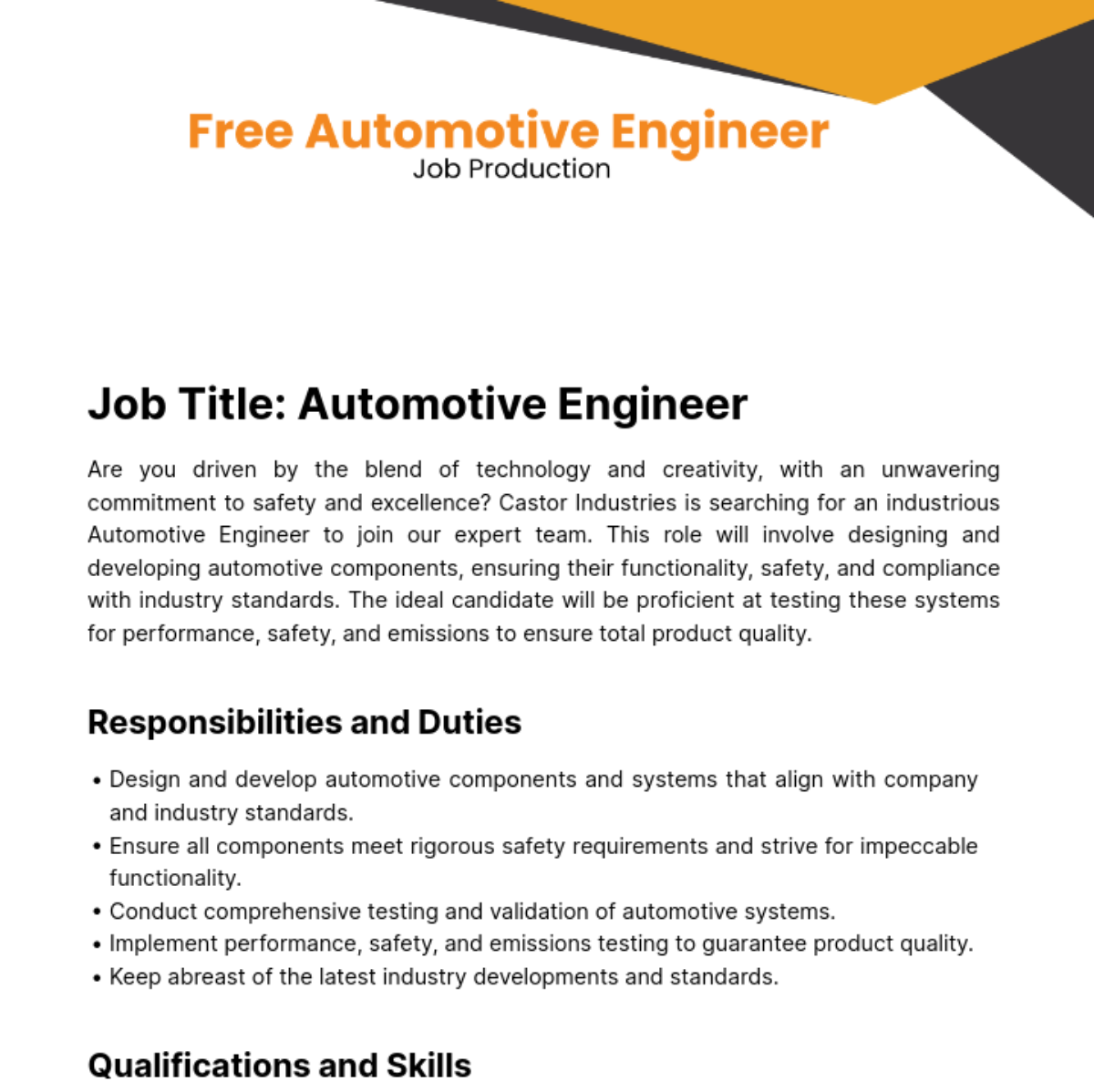 Automotive Engineer Job Description Template