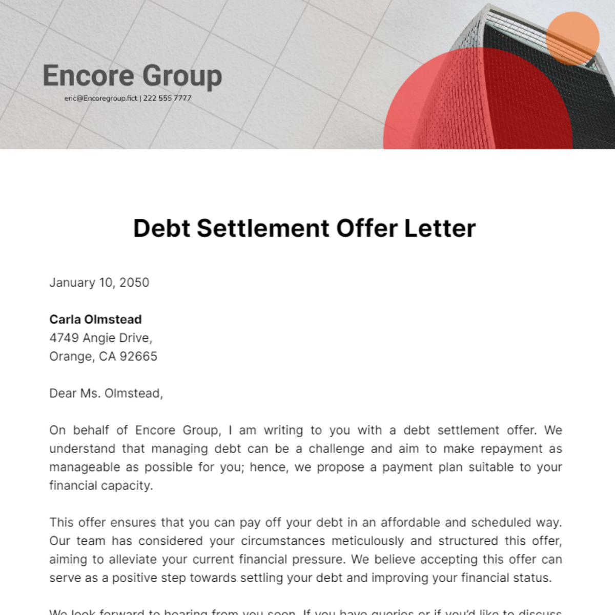 Debt Settlement Offer Letter Template