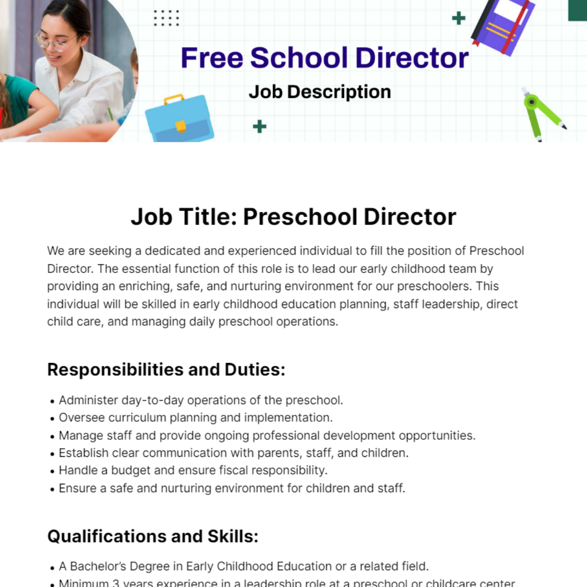 Free Preschool Director Job Description Template