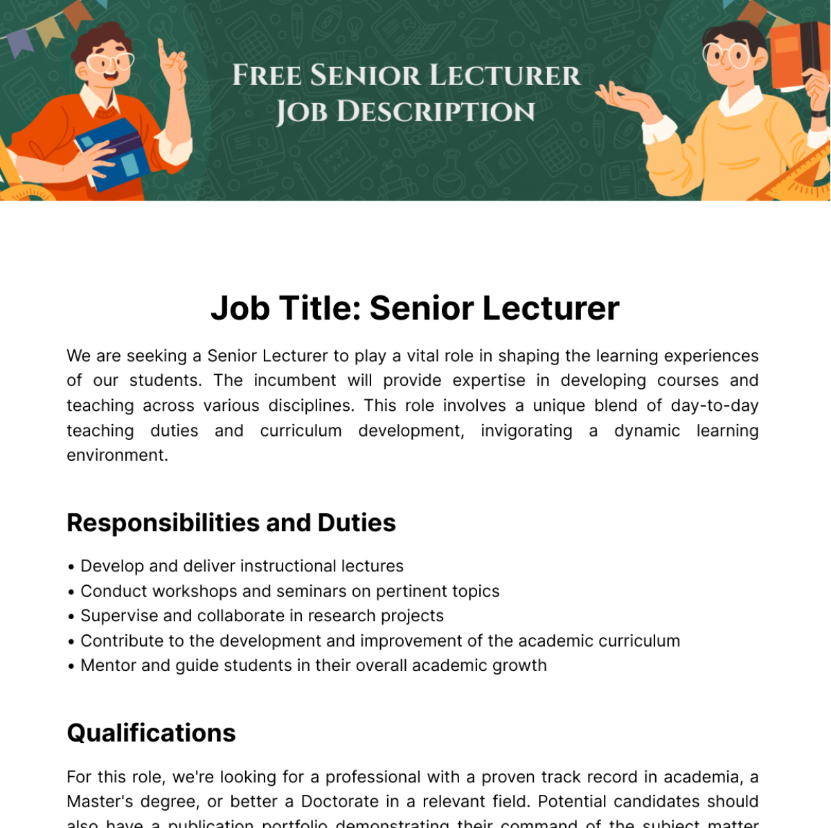 Free Senior Lecturer Job Description Template