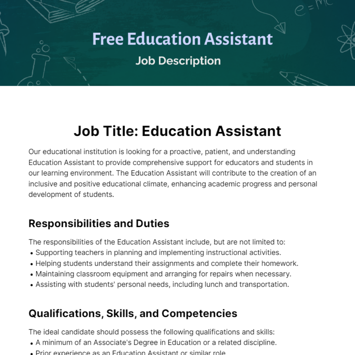 Free Education Assistant Job Description Template
