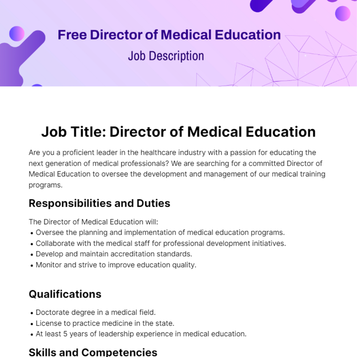 Director of Medical Education Job Description Template