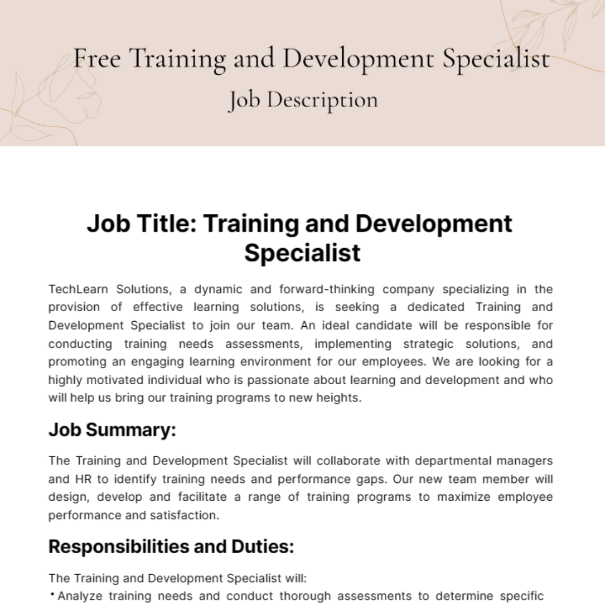 Free Training and Development Specialist Job Description Template