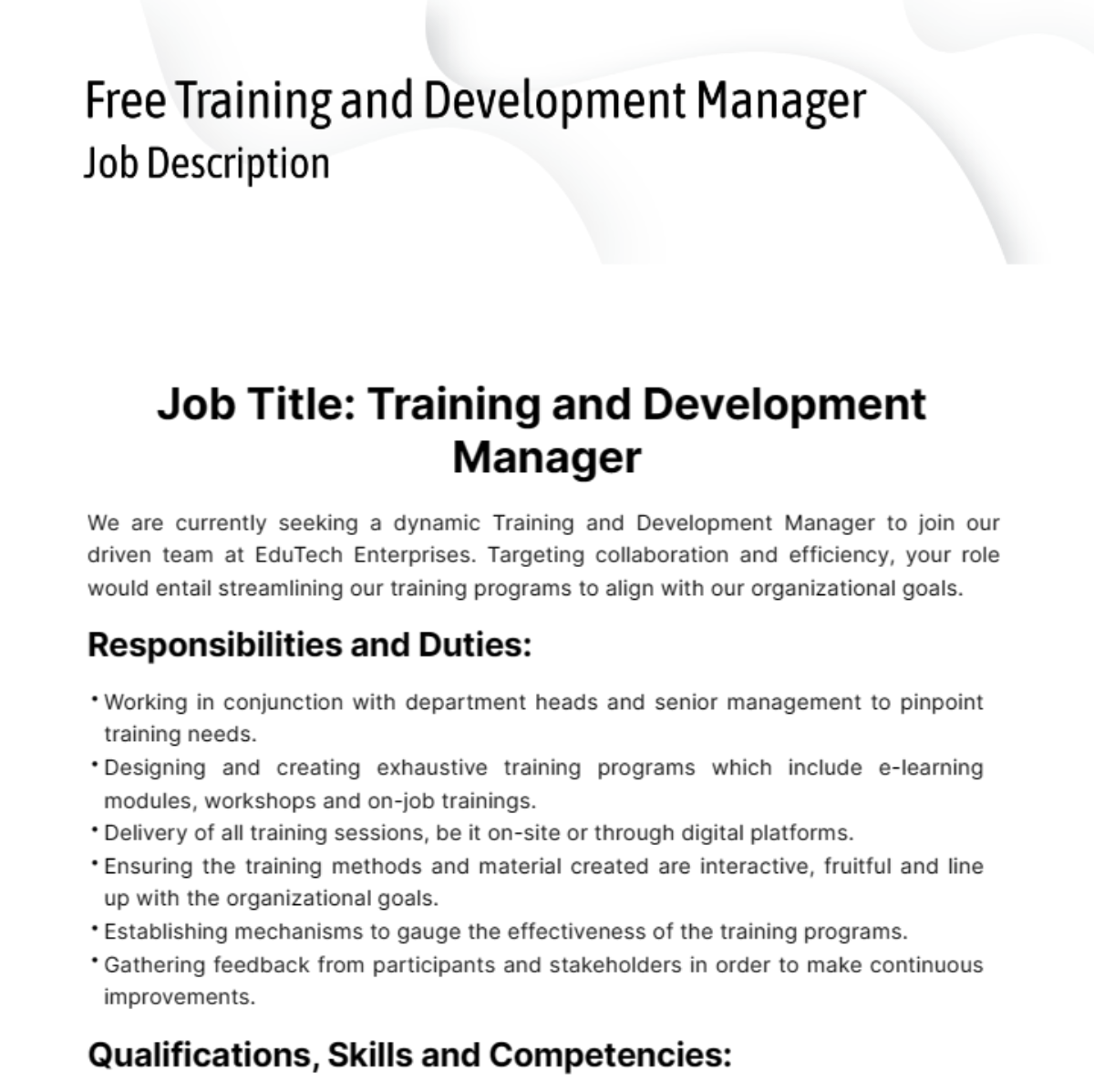 Training and Development Manager Job Description Template