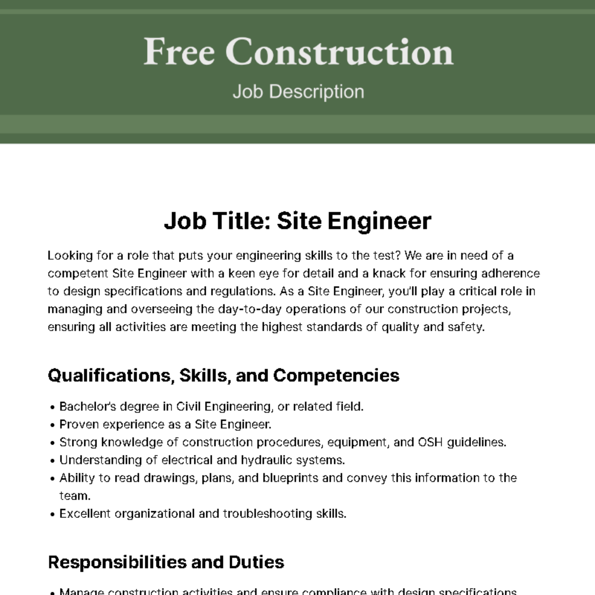 Free Construction Job Description Template