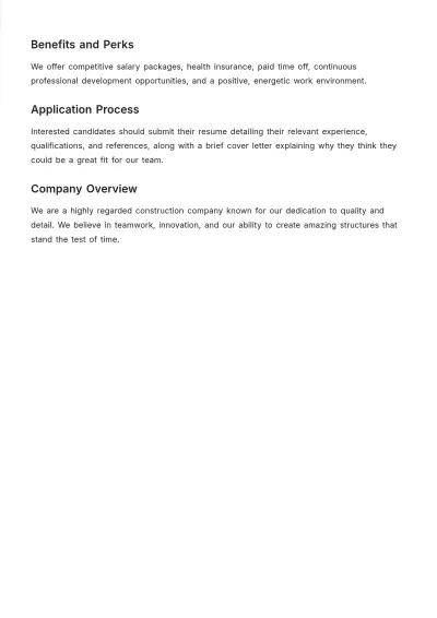 Free Construction Job Description Template to Edit Online
