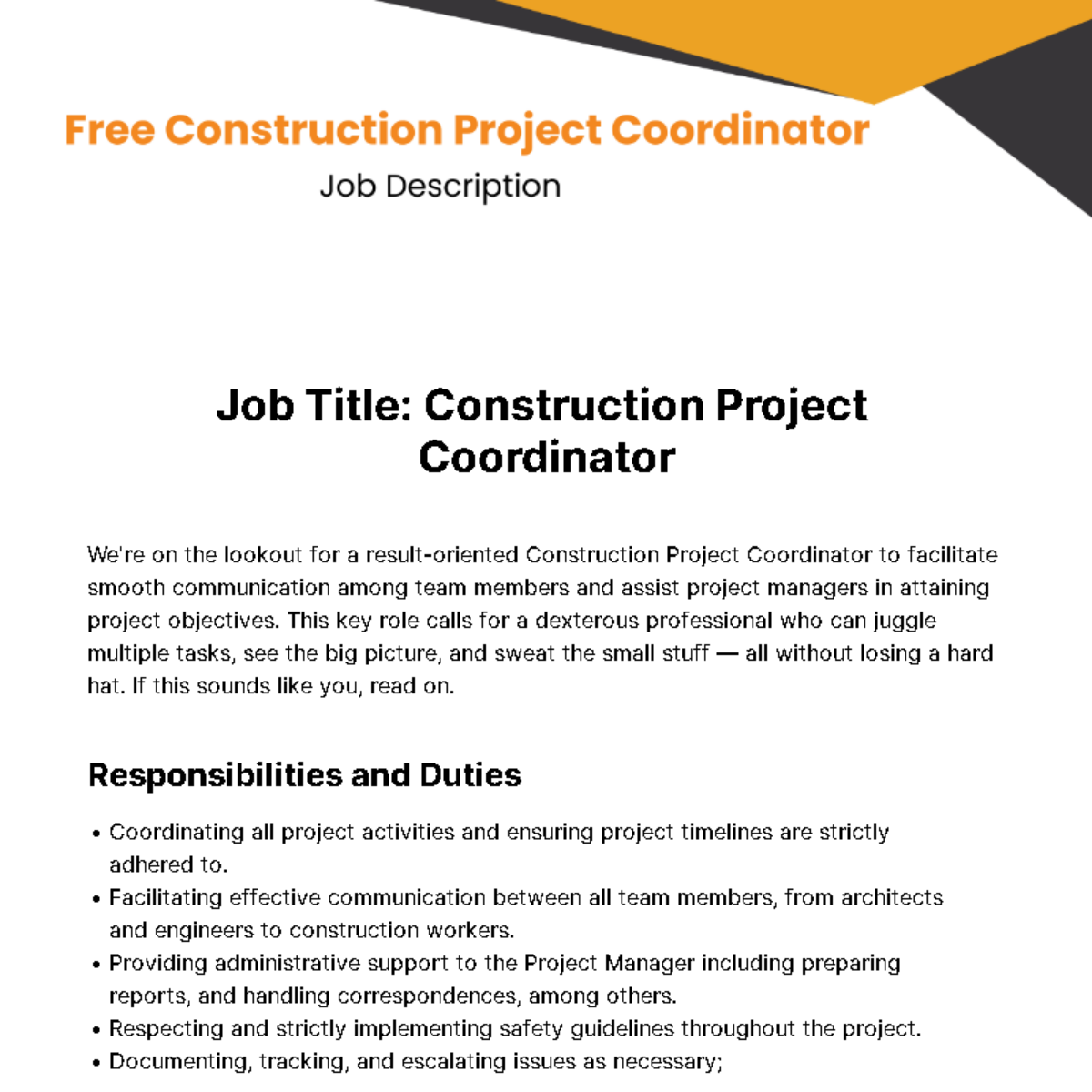 Free Construction Project Coordinator Job Description Template