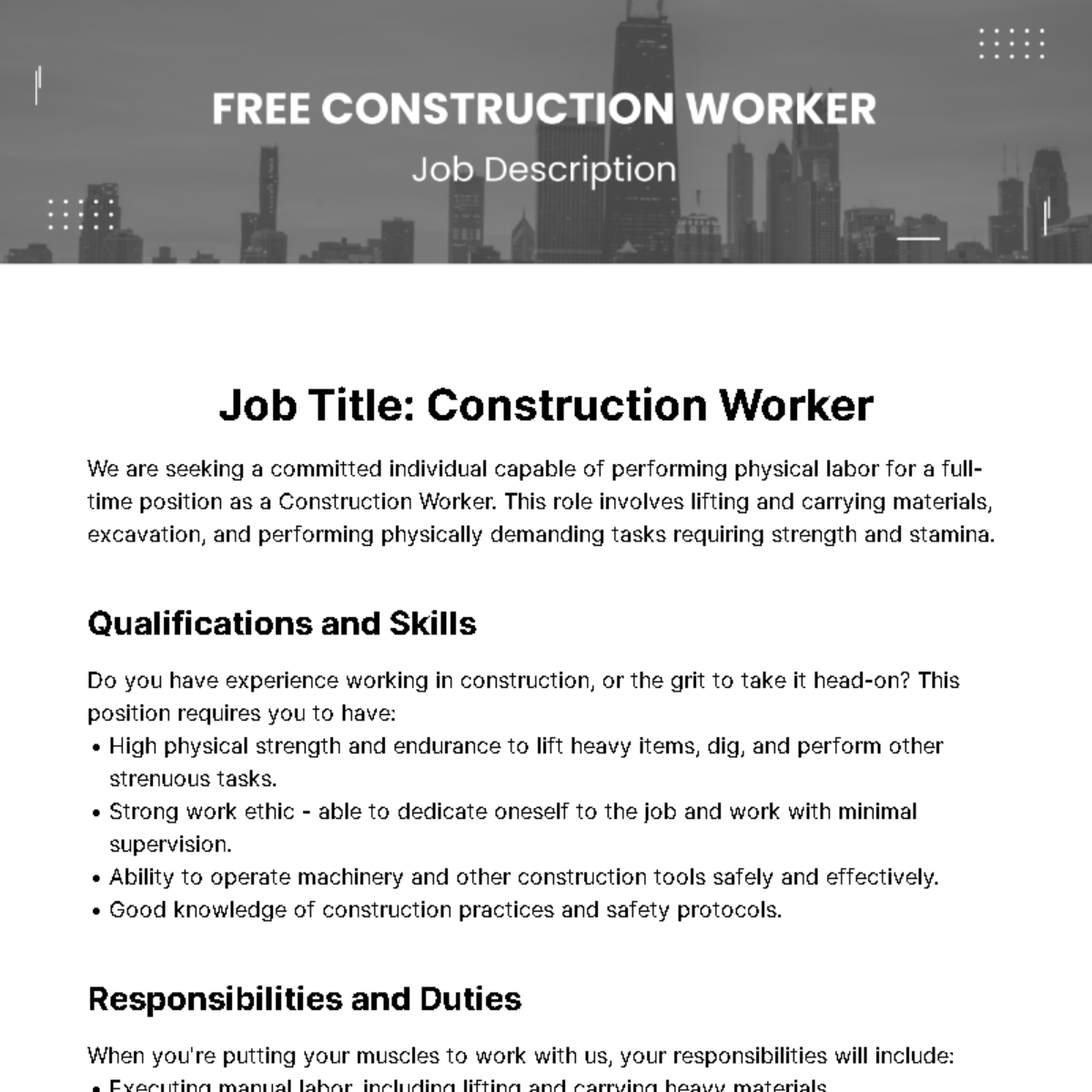 Free Construction Worker Job Description Template