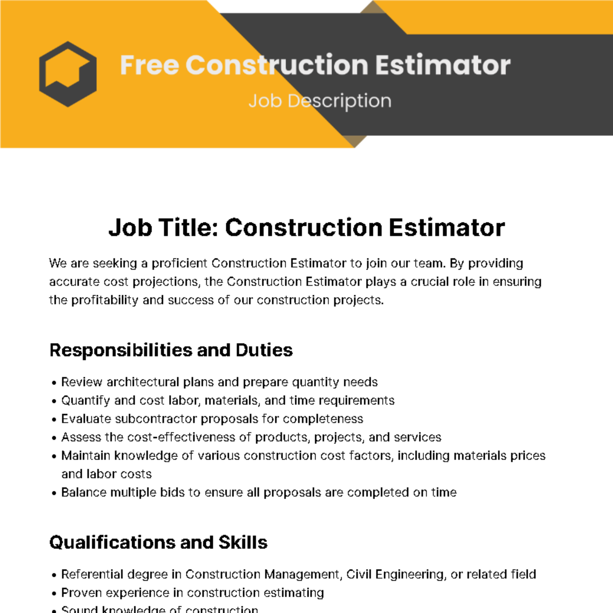 Construction Estimator Job Description Template