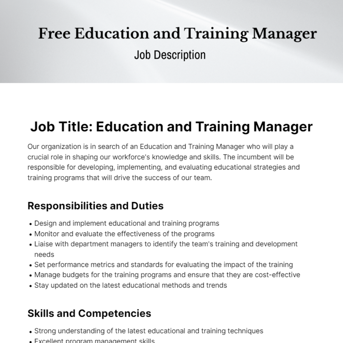 Free Education and Training Manager Job Description Template