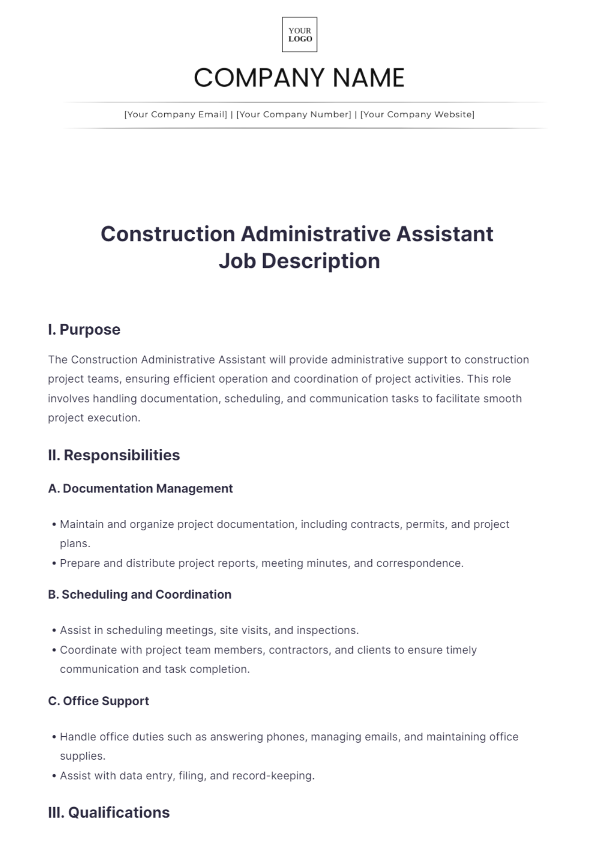 Construction Administrative Assistant Job Description Template - Edit Online & Download