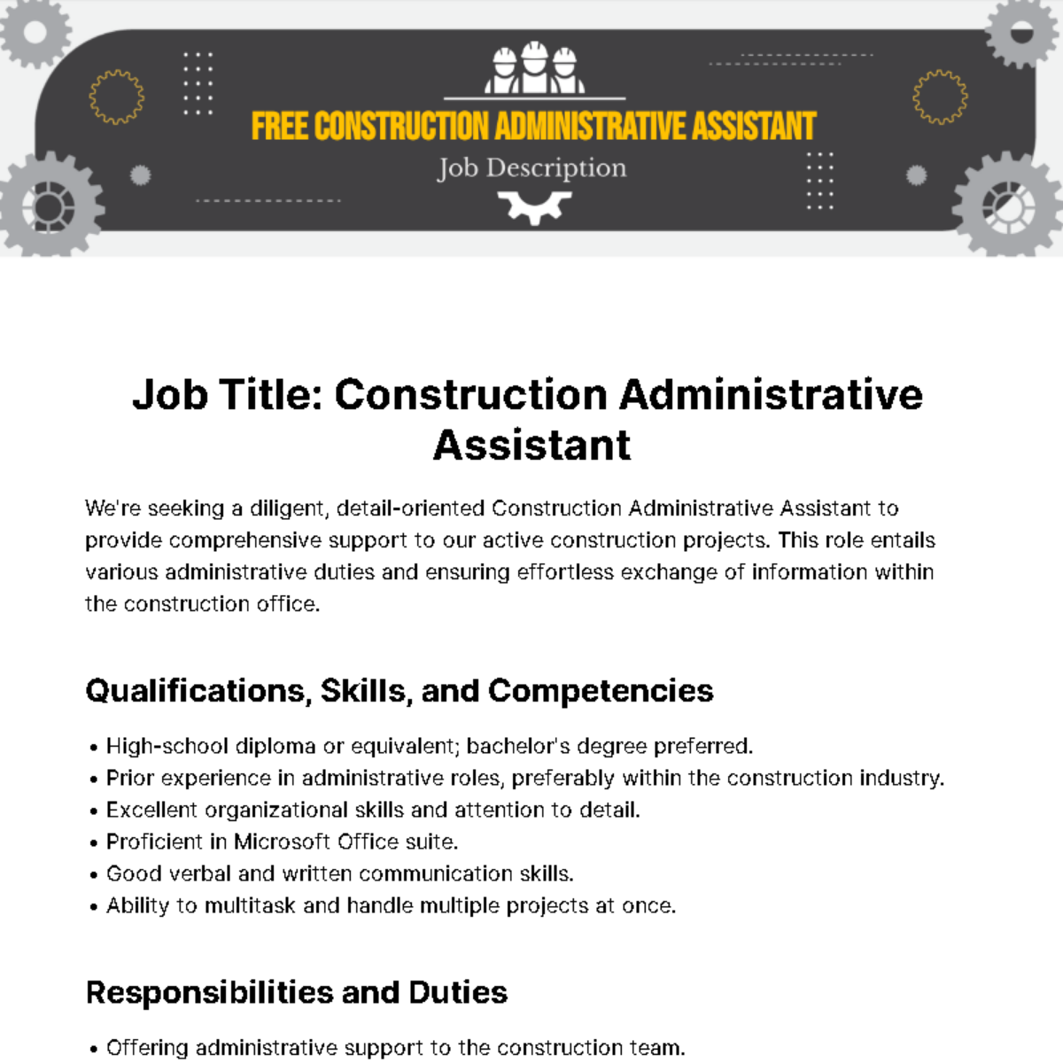 Free Construction Administrative Assistant Job Description Template