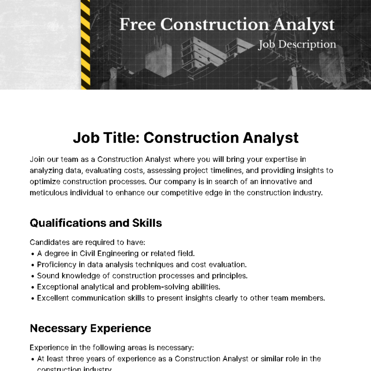 Free Construction Analyst Job Description Template