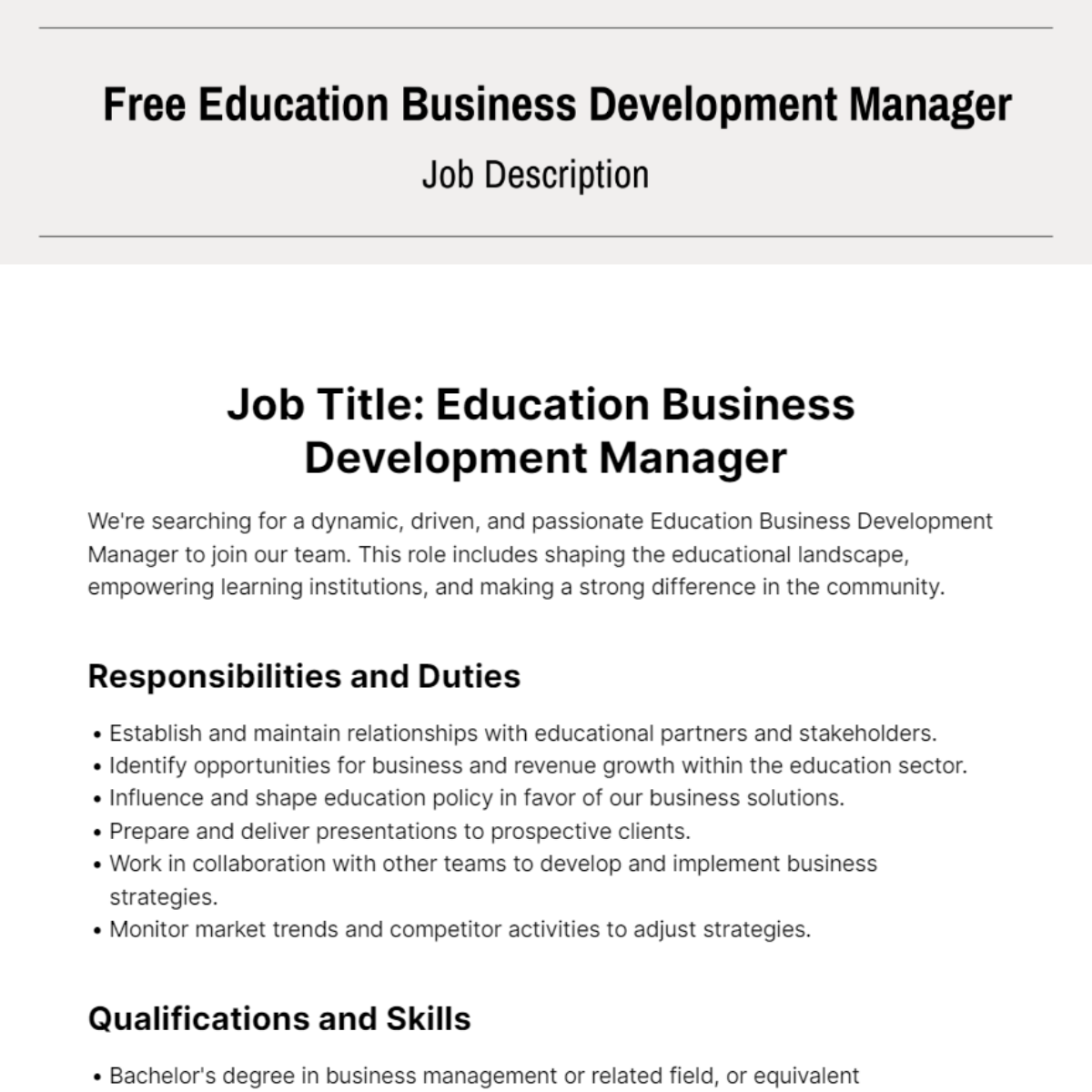Free Education Business Development Manager Job Description Template