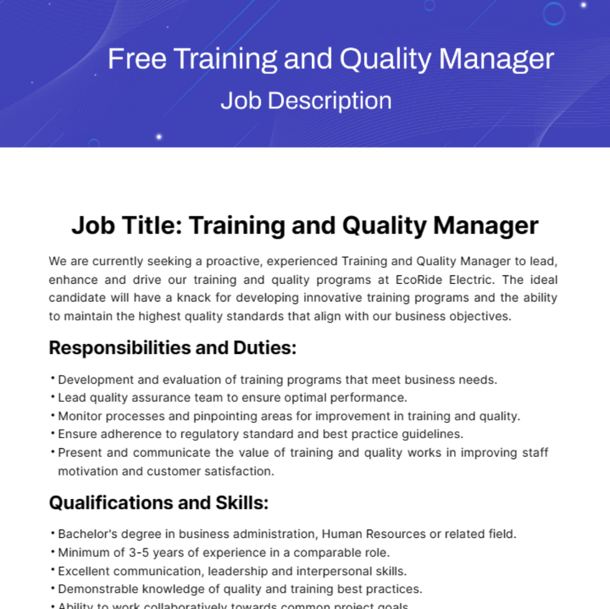 Free Training and Quality Manager Job Description Template