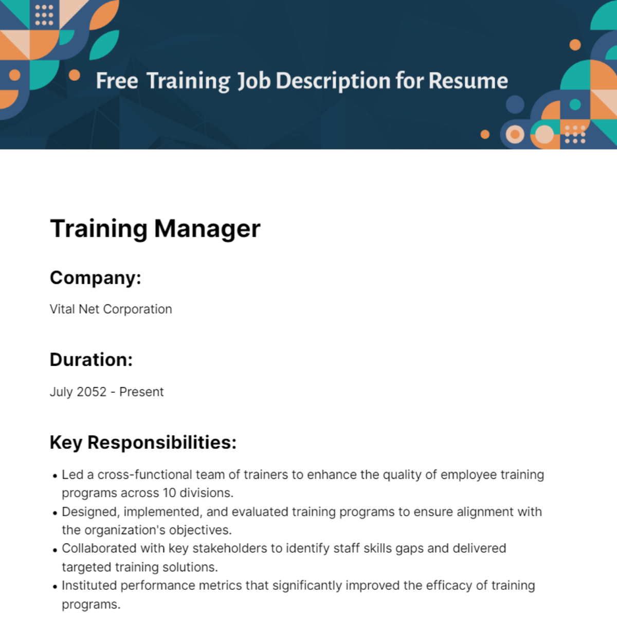Training Job Description for Resume Template