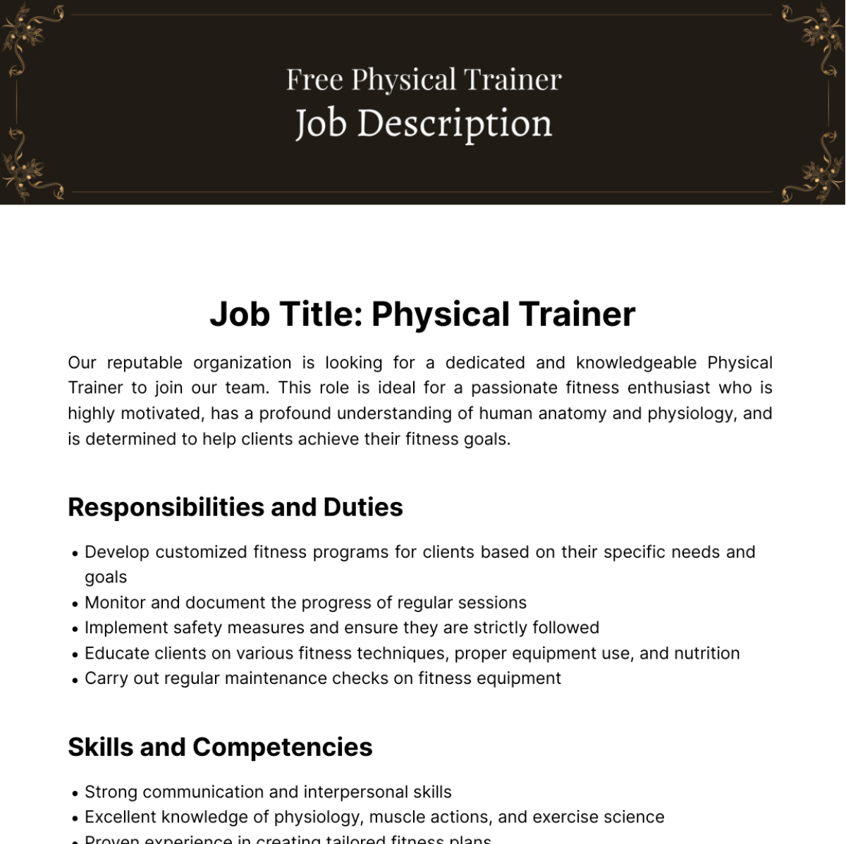 Free Physical Training Job Description Template
