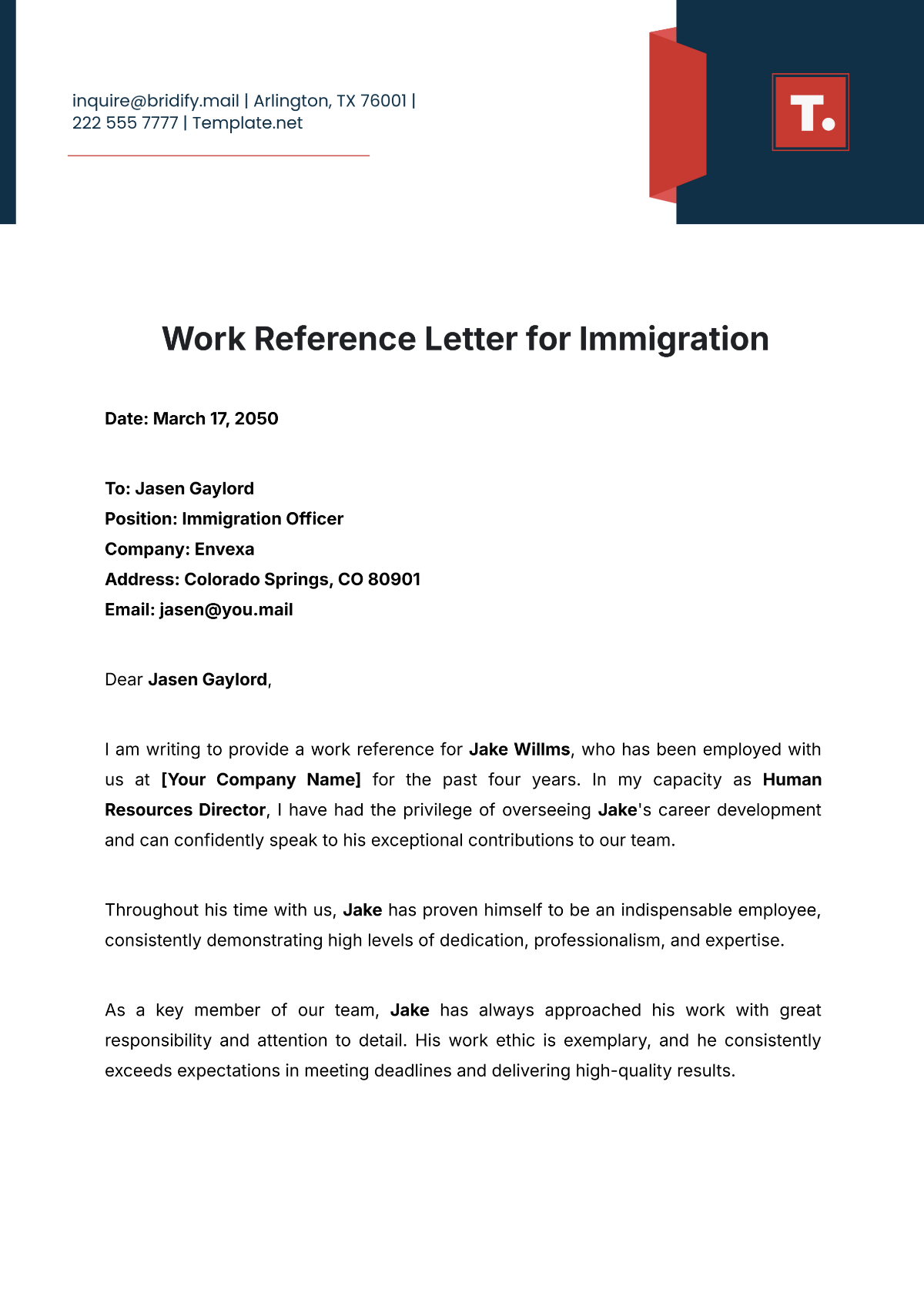 Work Reference Letter for Immigration Template - Edit Online & Download