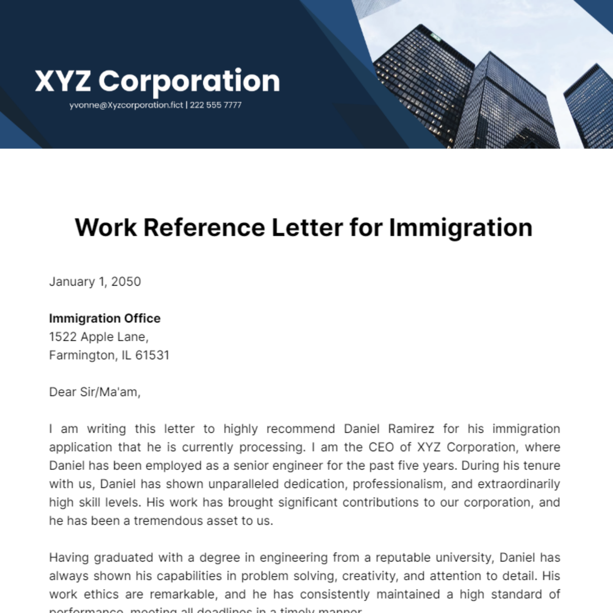 Free Work Reference Letter for Immigration Template