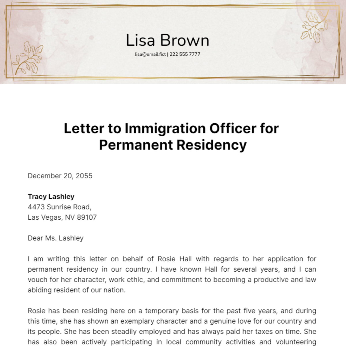 Letter to Immigration Officer for Permanent Residency Template