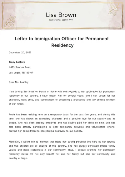 Free Letter to Immigration Officer for Permanent Residency Template to Edit Online