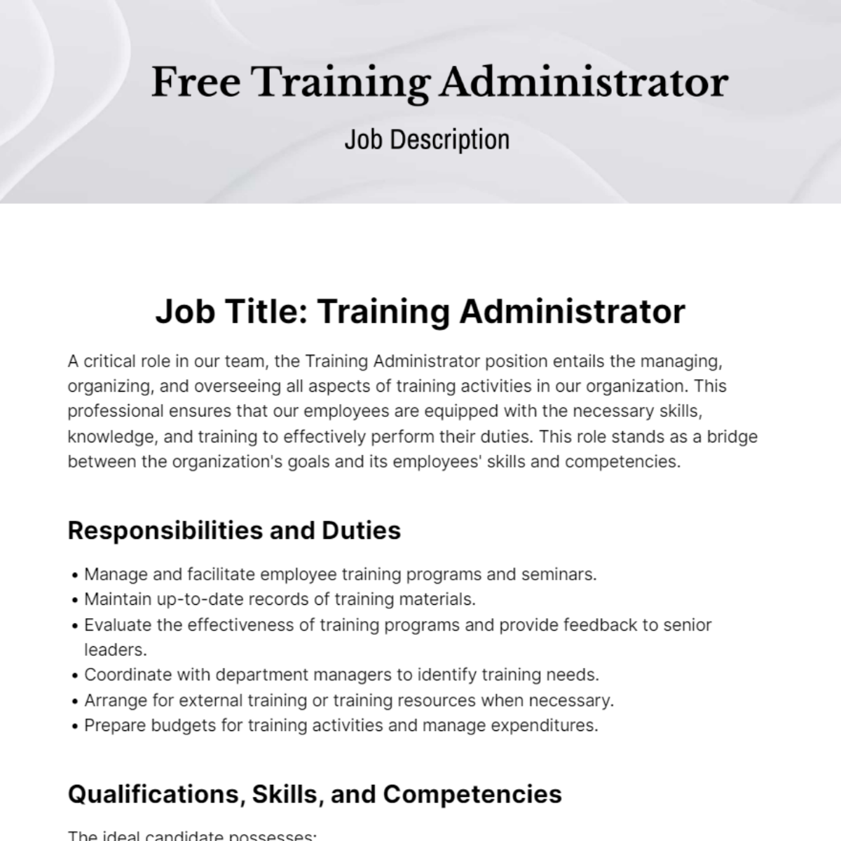 Free Training Administrator Job Description Template