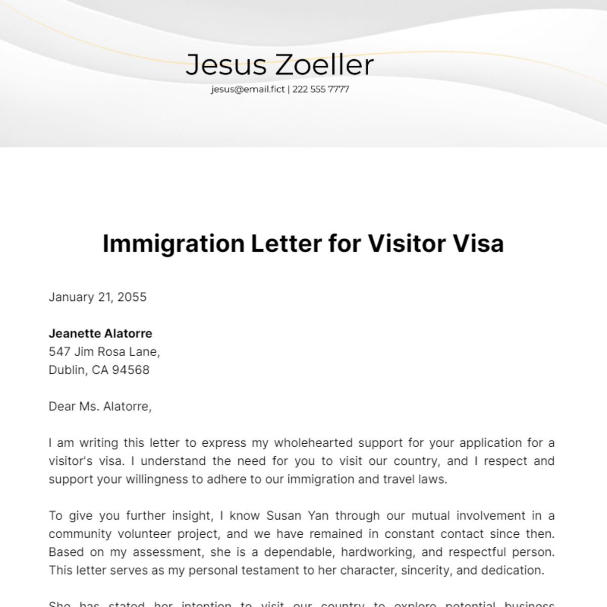 Free Immigration Letter for Visitor Visa Template