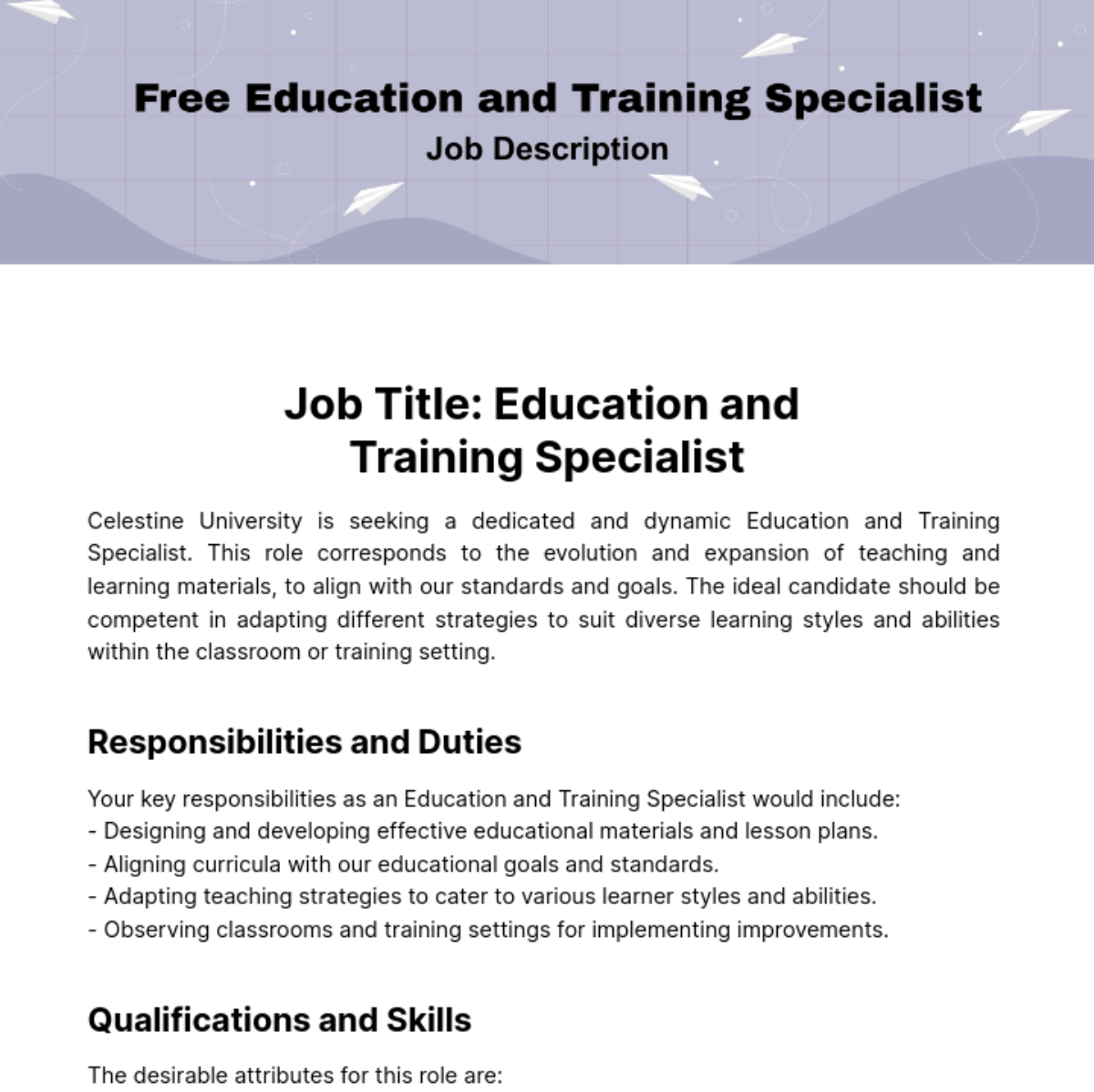 Free Education and Training Job Description Template