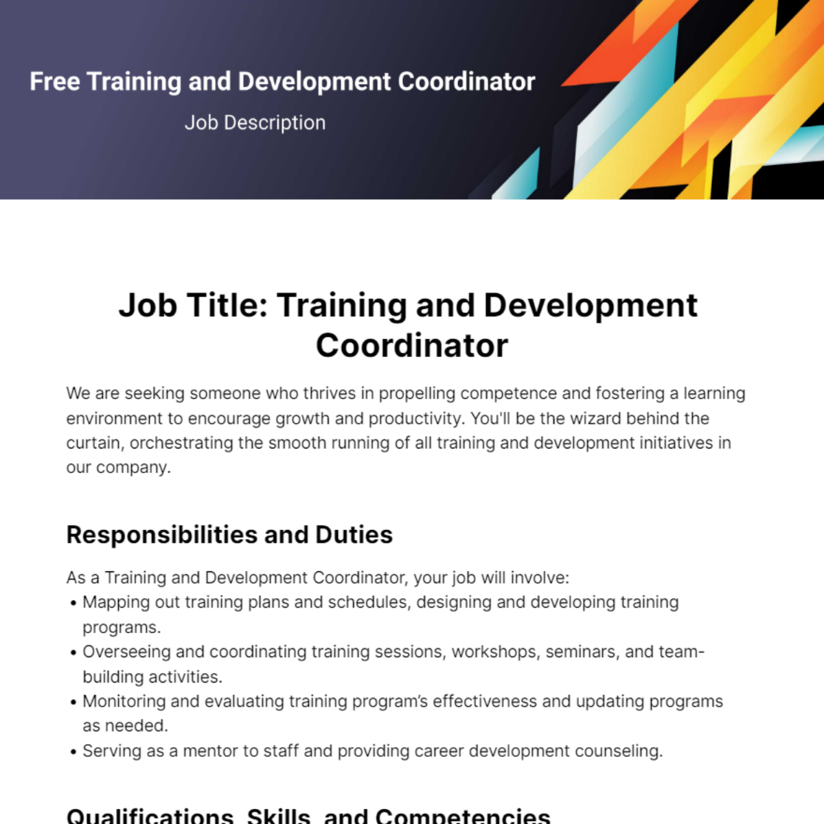 Free Training and Development Coordinator Job Description Template
