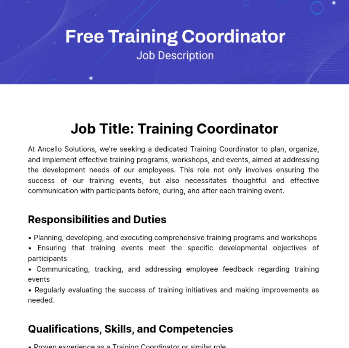 Training Coordinator Job Description Template