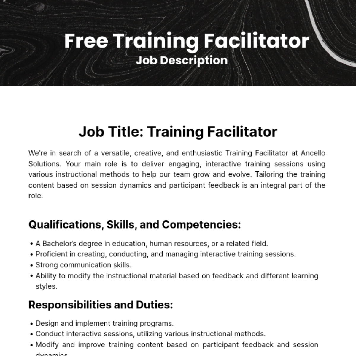 Training Facilitator Job Description Template Edit Online Download 