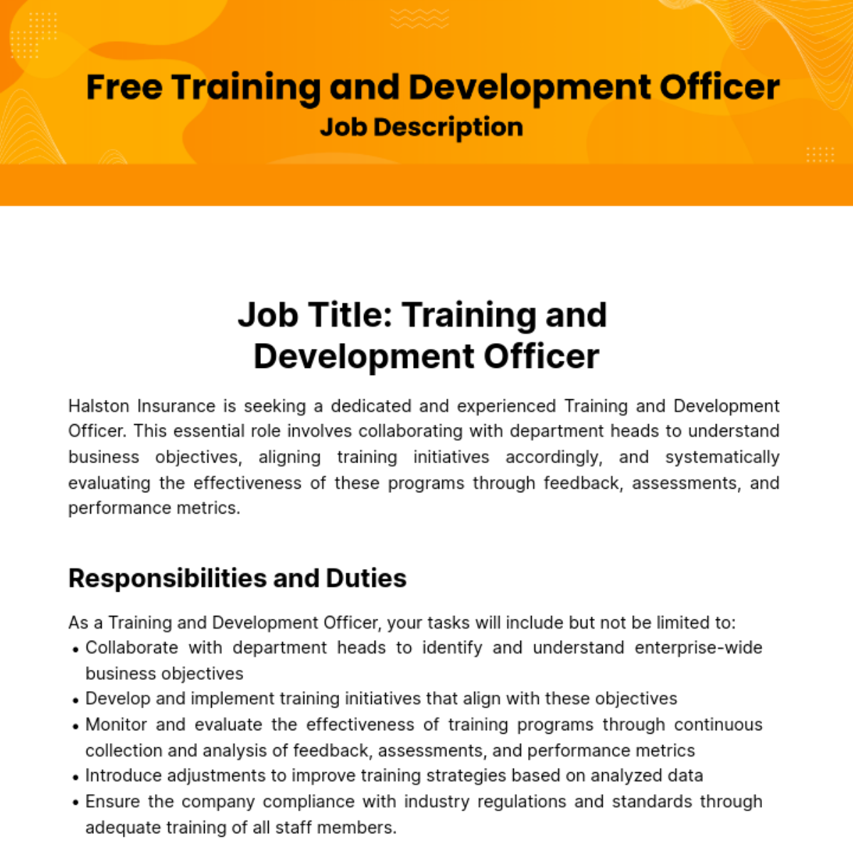Training and Development Officer Job Description Template