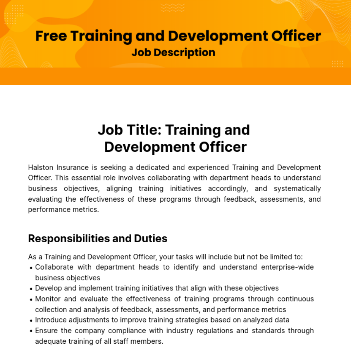 Hr Training And Development Officer Job Description