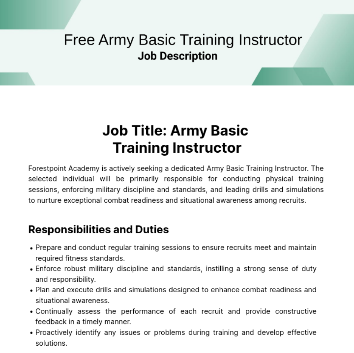 Free Army Basic Training Job Description Template
