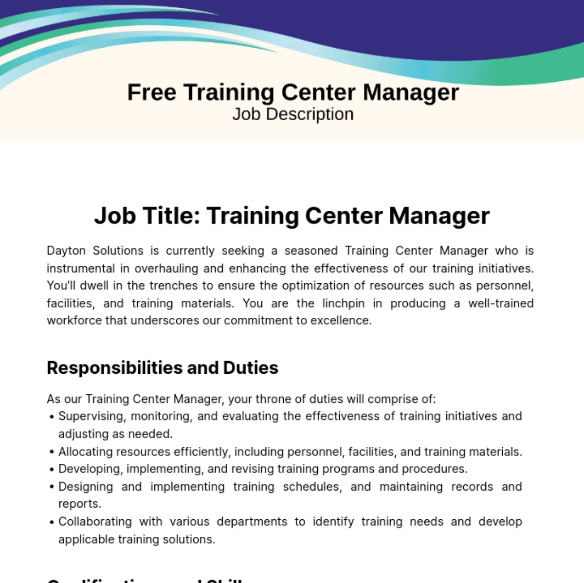 Free Training Center Manager Job Description Template