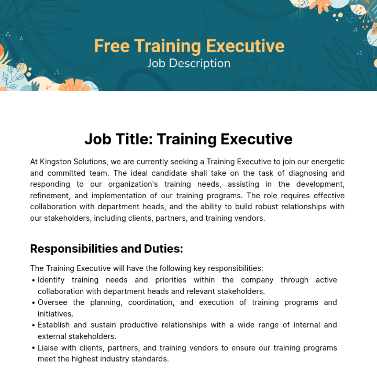 Training Executive Job Description Template